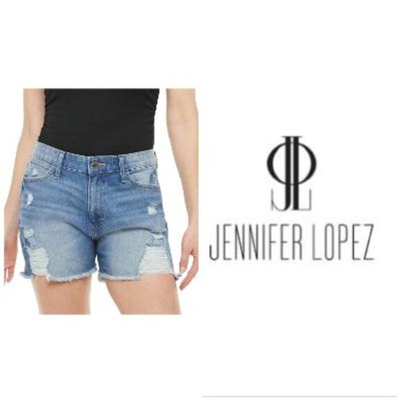 Jennifer Lopez Womens High Rise Med Wash Distressed Jean Shorts Sz 16 New - Picture 7 of 9